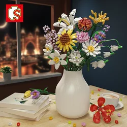 Bloc de construction Bouquet de roses en pot, modèle 3D, plante de décoration pour la maison, fleur chrysanthème, à assembler, brique, jouet pour fille, cadeau pour enfant 