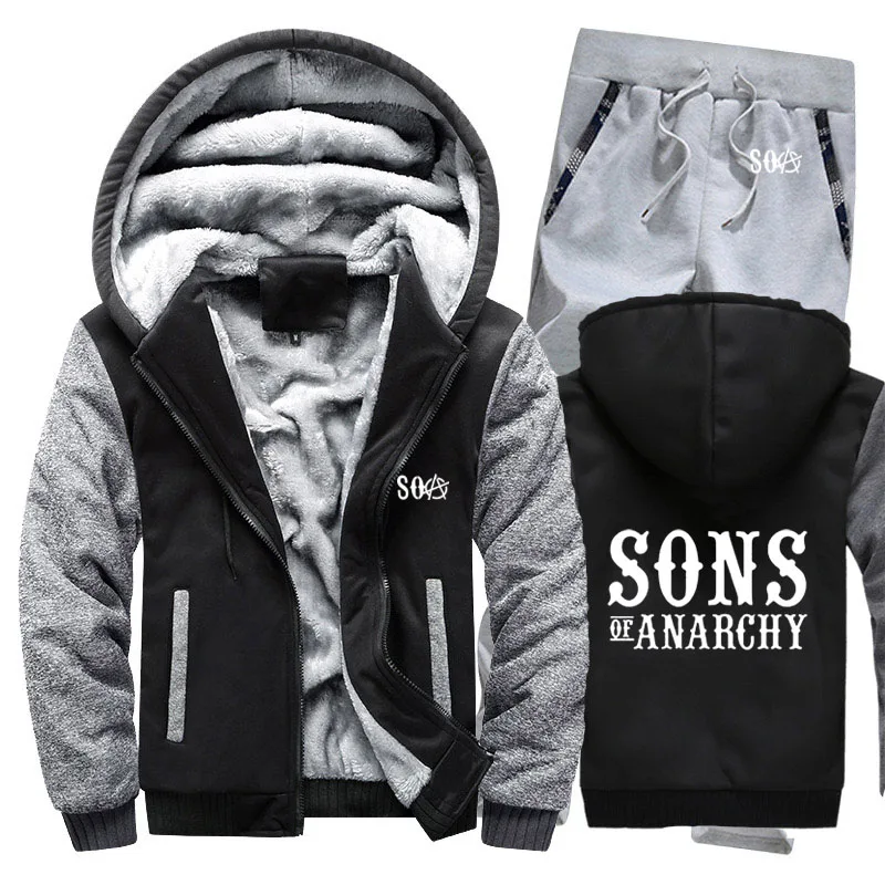 SOA Sons of толстовки анархия мужской костюм Зимние флисовые утепленные пальто на молнии свитшоты, мужские худи куртка+ брюки комплекты из 2 предметов
