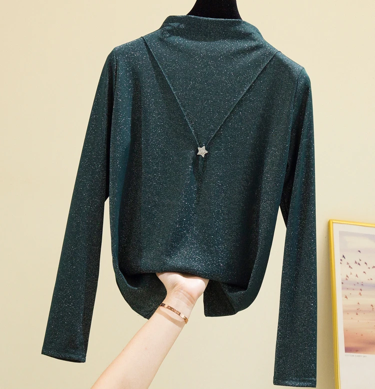Plus Size Bright Silk Tops Tee Shirts Women 2020 Autumn Trendy Turtleneck Long Sleeve Office Lady Basic T-shirts Oversize Tshirt