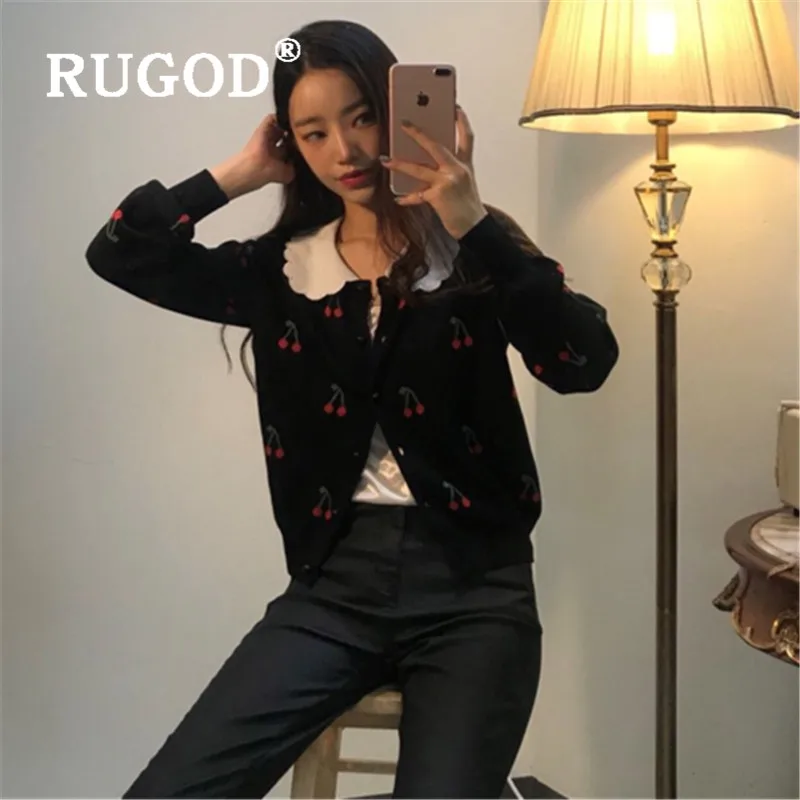 RUGOD Autumn Winter New Style Chic Cherry Pattern Doll Collar Cardigan Vintage Kawaii Knitted Sweater Cute Fashion 2019 |
