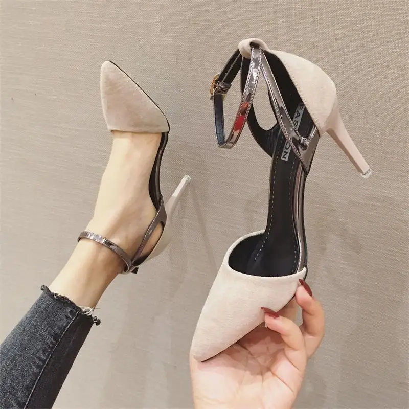 

Korean-style Pointed-Toe Hallow Debutante New Style Low-Cut Elegant Thin Heeled Shoes A- line Buckle Suede Rubber Shoes Work Kor