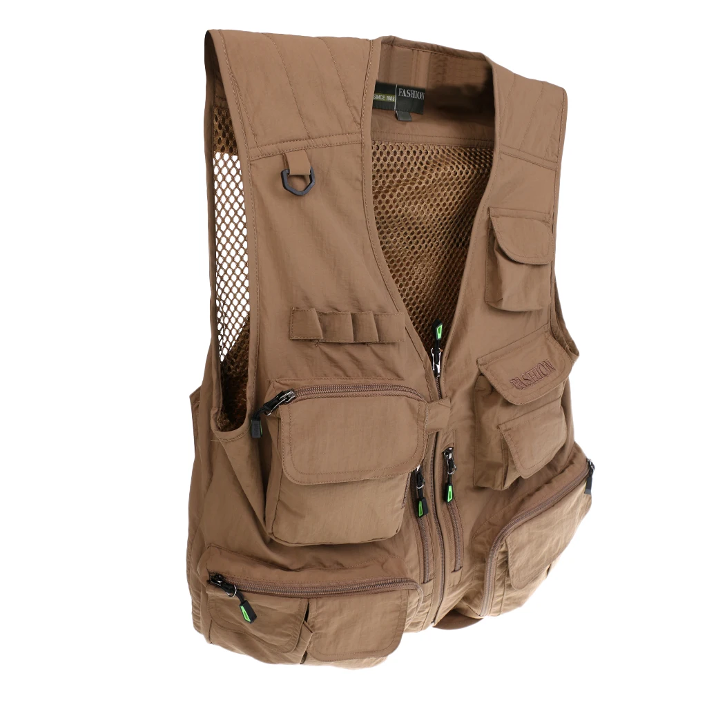Mens Outdoor Multi-Pocket Fishing Hunting Vest Photography Jacket Khaki