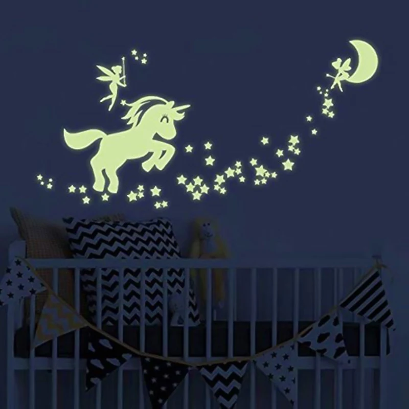 Magical Unicorn Star Wall Sticker Kids Bedroom Glow In The Dark Decor LrJNE 