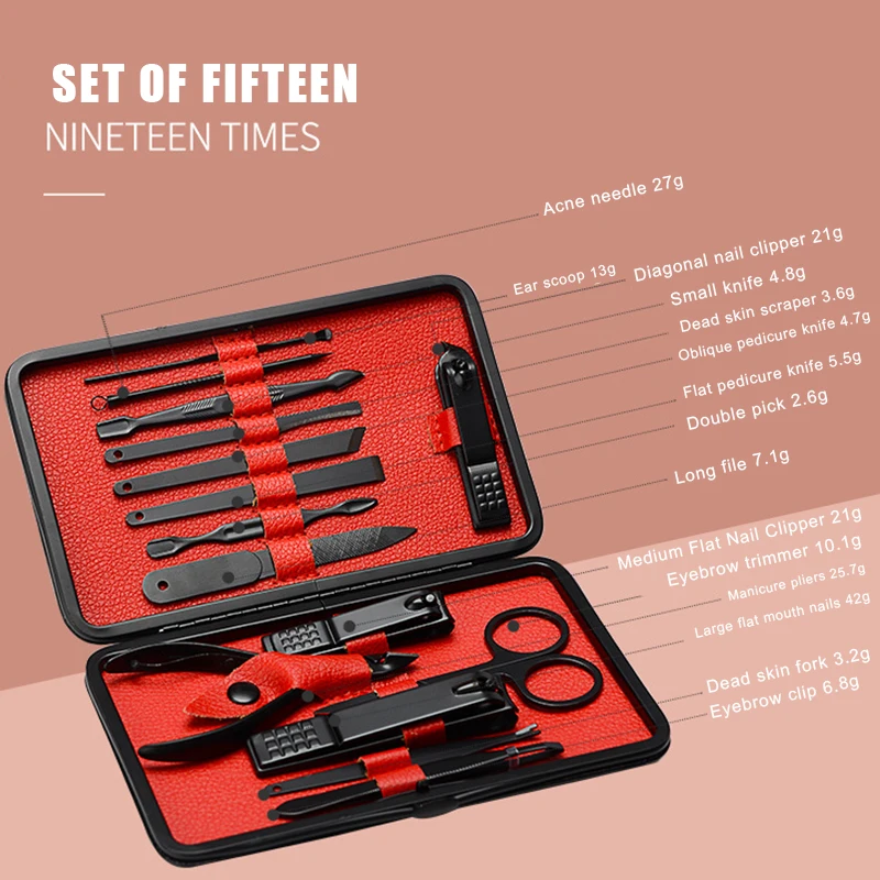 Ferramentas para Cortador de Unhas Kits com Case Manicure Pedicure Conjunto Clippers Unha 15pcs Aço Inoxidável Kit Portátil Ssw 3 Cortadores e aparadores