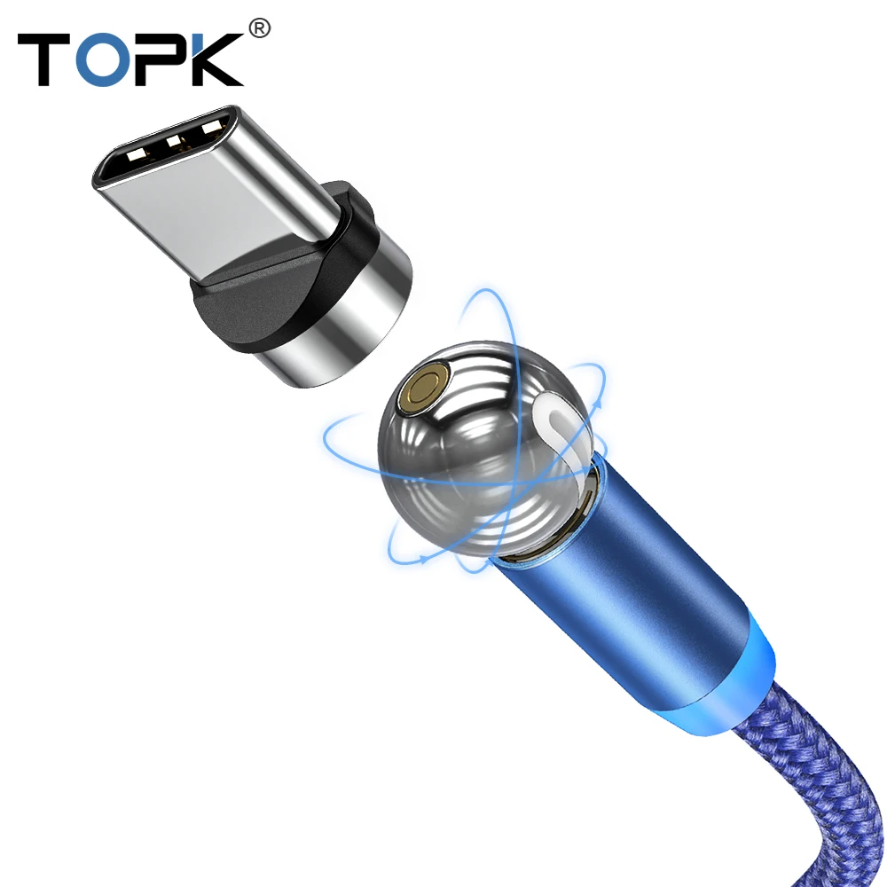 TOPK AM28 Магнитный кабель usb type-C, вращающийся на 360 градусов Магнитный зарядный шнур для телефона Xiaomi samsung huawei - Цвет: Blue Type C Cable