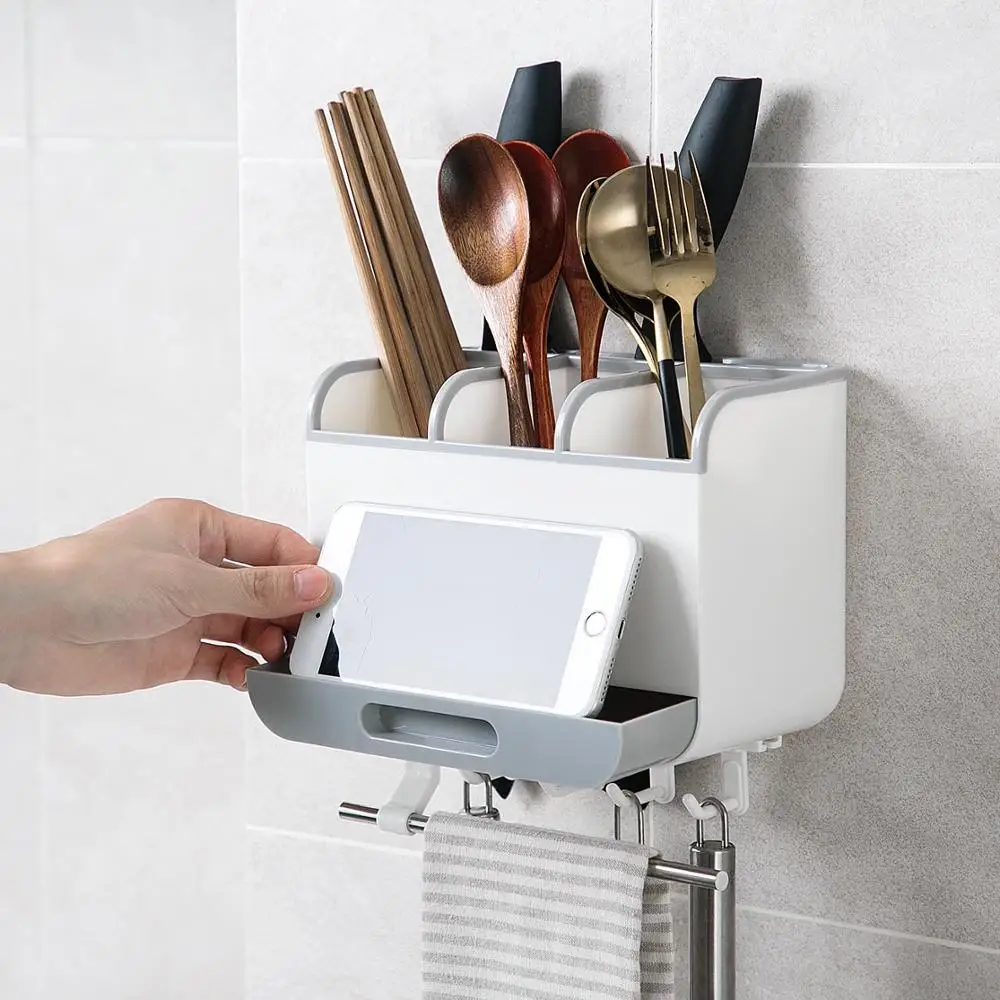 

Plastic Chopsticks Racks Multifunction Knife Holder Rag Shelf Multi Grids Wall Tableware Organizers Rack With Hooks