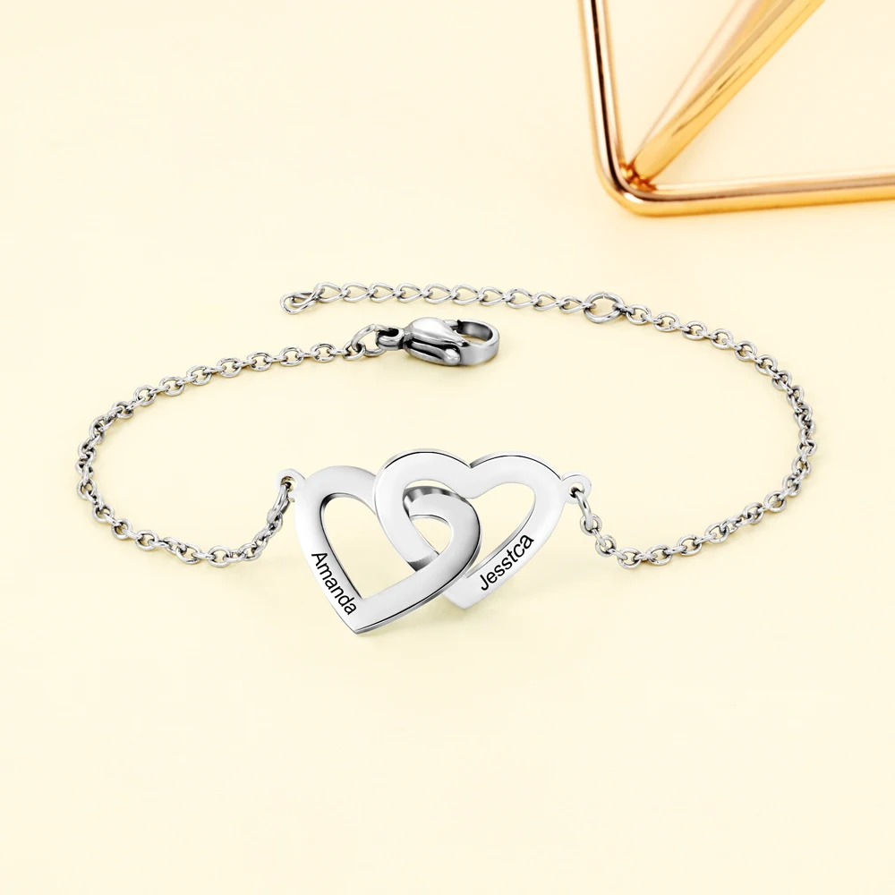 

Customized Name Bracelets For Women Stainless Steel Engraved Double Heart Charm Bracelets & Bangles 2 Colors Personalized Gift