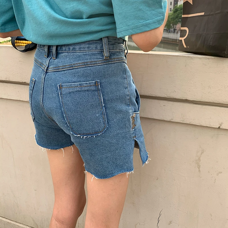 QOERLIN Retro Ripped Denim Shorts Leather Patchwork Summer Beach Sexy Hot Shorts Asymmetric Short Mini Jeans Shorts