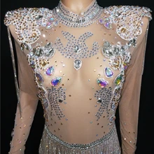 Блестящие Большие кристаллы сетки сексуальное боди блестящие стразы цепи бахрома наряд ночной клуб праздничная одежда прозрачный костюм