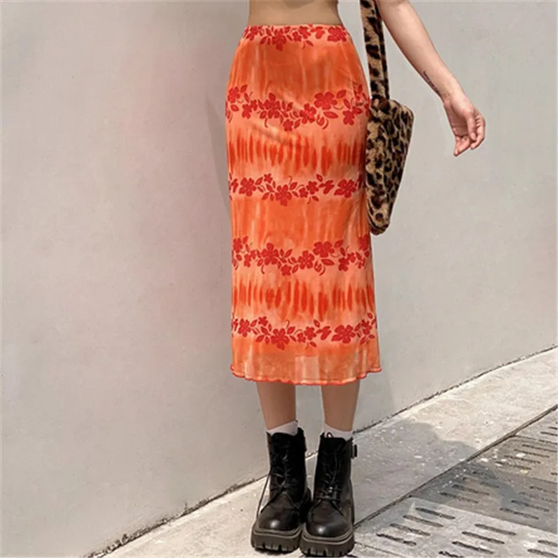 

Women Summer Bohemian Floral Print Midi Skirt High Waist Bodycon Slim Fit Long Pencil Skirt E-girl Y2K Aesthetic 90s Streetwear