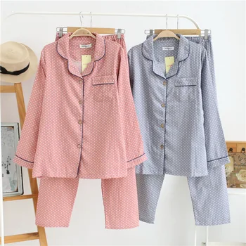 

Spring And Autumn 2 Pieces Women Pajamas Dots Print Cotton Pajamas Set Long Sleeve Casual Female Sleepwear Cardigan Homewear