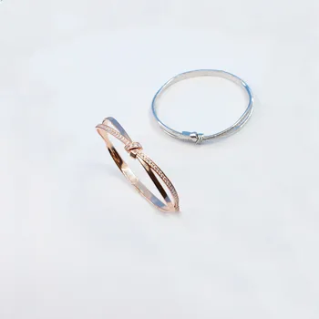 

925 Sterling silver Fashion Zircon Crystal Bowknot Bangle Rose Gold Color Bow Cuff Opening Bracelet Adjustable silver jewelry