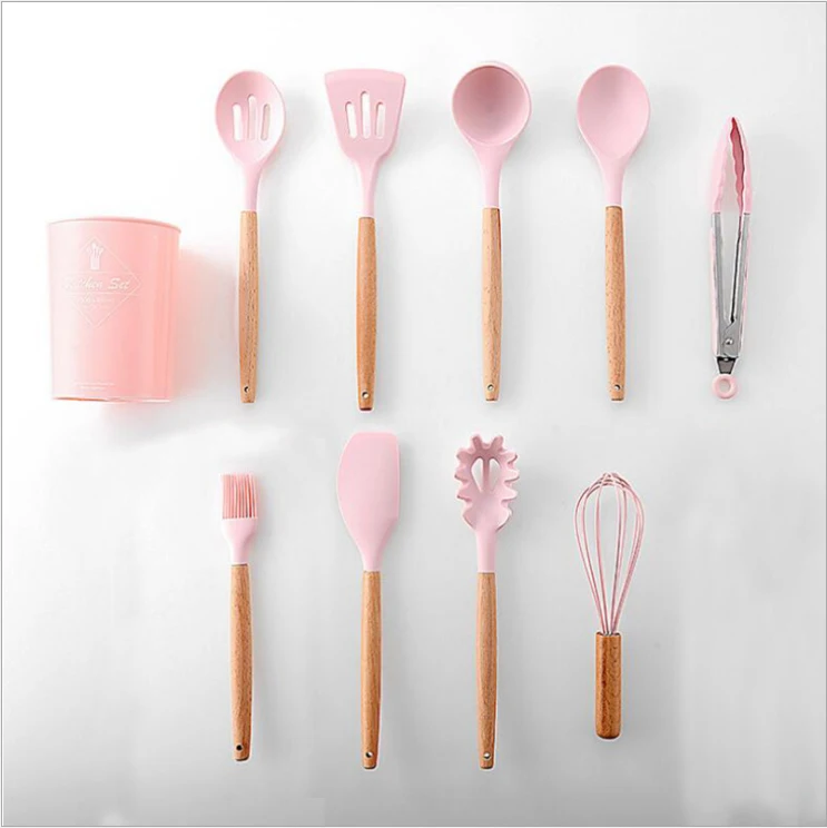 CTHome силиконовая кухонная утварь деревянная ручка антипригарная лопатка ложка Тернер суп половник венчик кухонные инструменты для приготовления пищи гаджет - Цвет: pink 10PCS