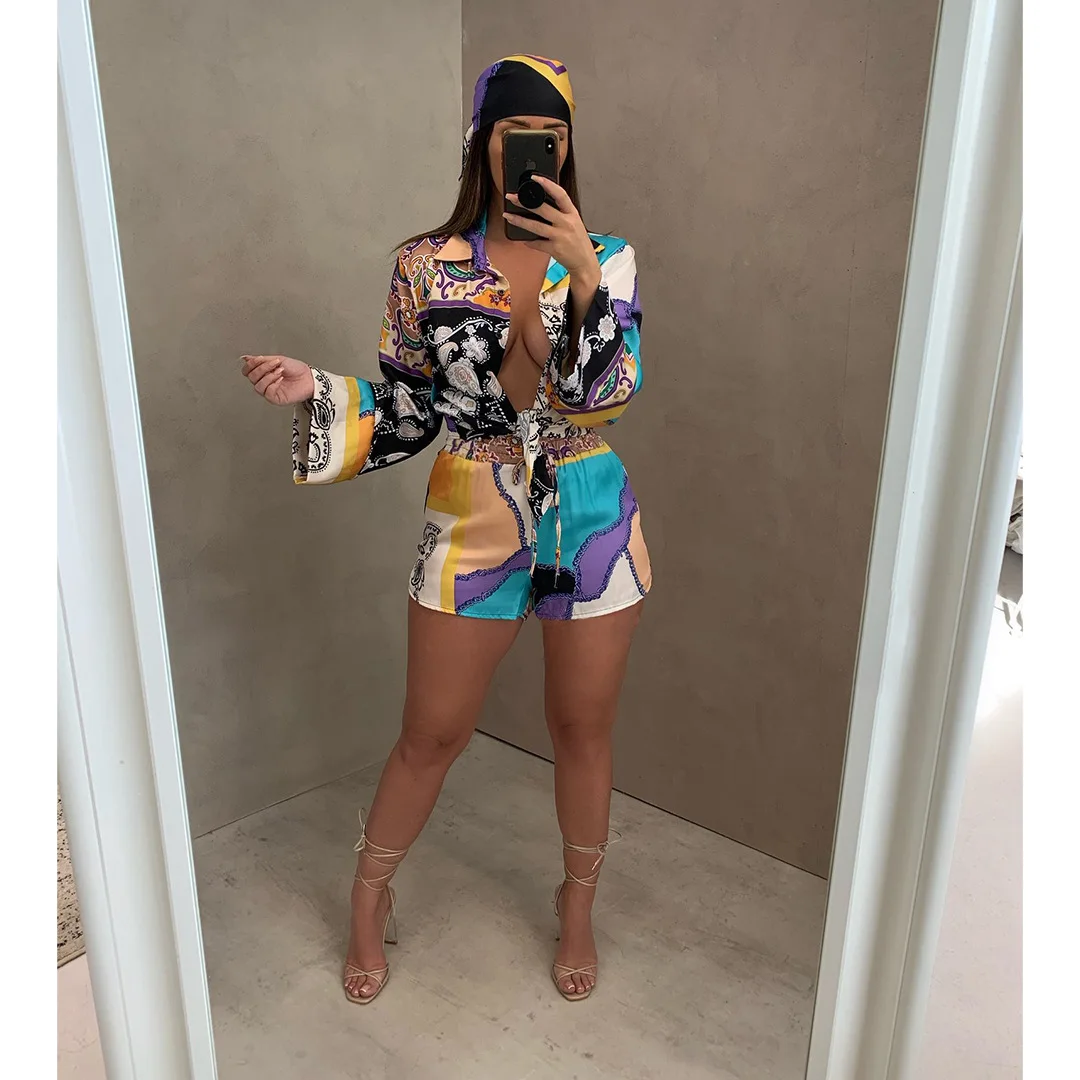 3 Pieces Set Sexy 2021 Summer Autumn Fashion Women Set Female Tops Floral Print Long Sleeve Shirt And Elastic Waist Shorts Scarf tracksuit for women