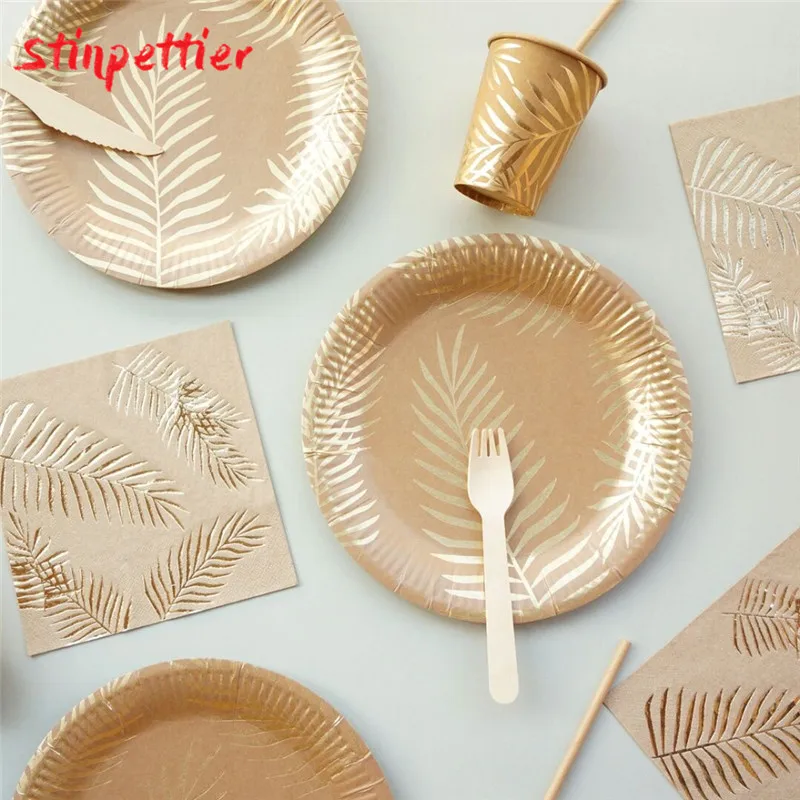 Disposable Tableware Gold Palm Leaf Plates Cups Straws Embossing Knife And Fork For Wedding Birthday Party Supplies ASD161