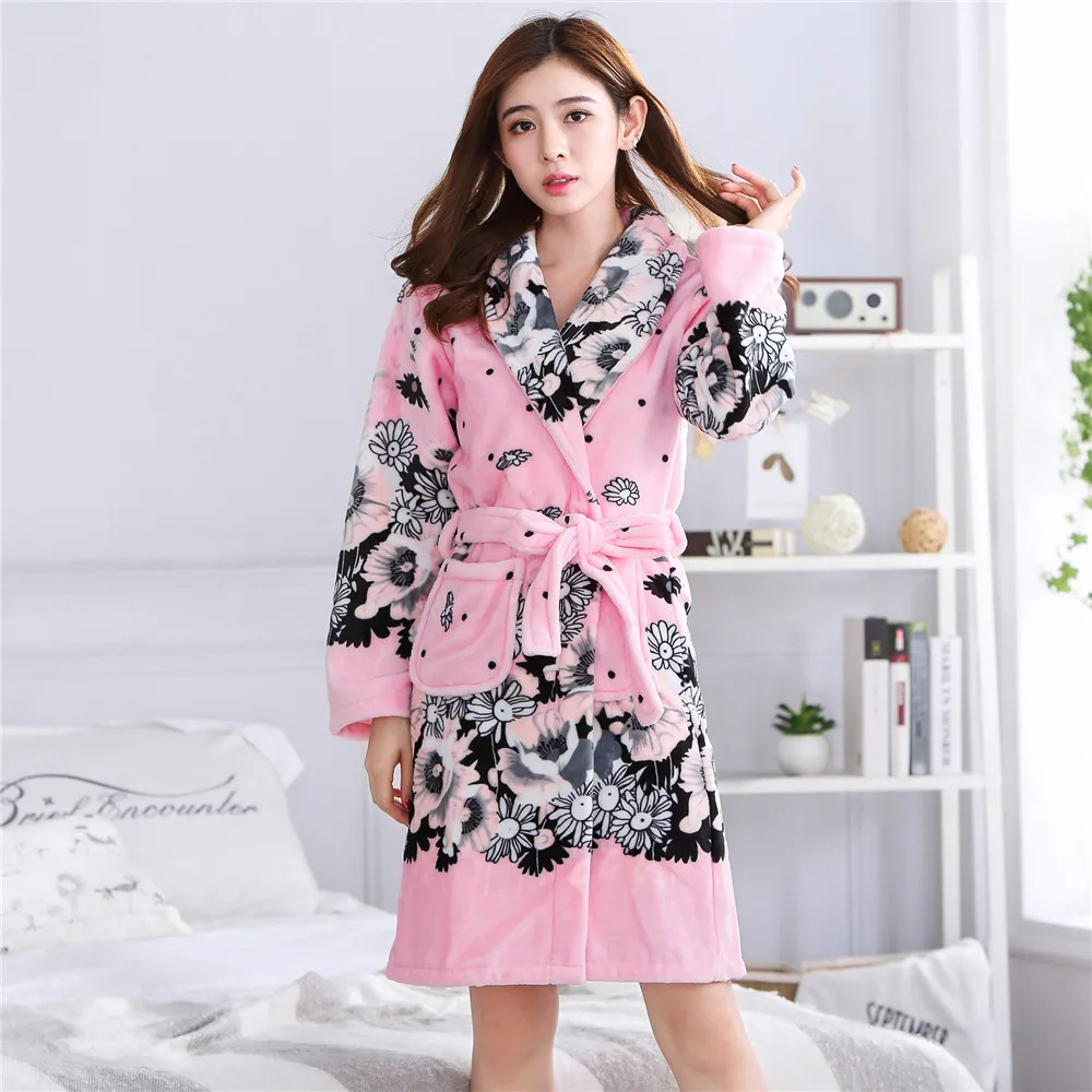 Женский фланелевый Халат-кимоно с цветочным принтом, большие размеры, домашняя одежда, зимняя теплая одежда для сна, Повседневная Мягкая Пижама для ванной