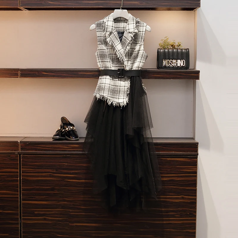 Размера плюс на осень-зиму Роскошные офисные женские туфли Сетчатое платье комплект элегантная облегающая юбка комплект из двух предметов с поясом для женщин