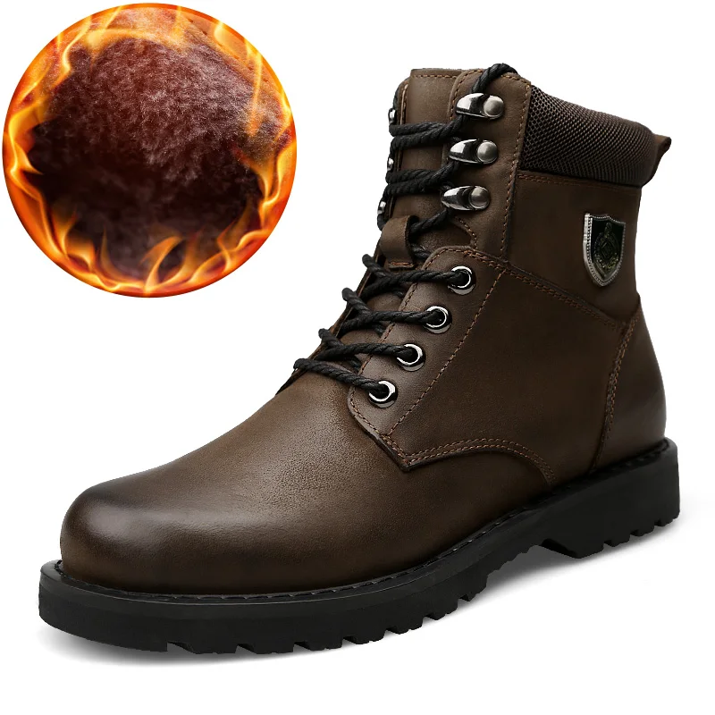 

Winter Cow Leather Motorcycle Boots Men Plush Keep Warm Ankle Martin Boots With Fur Outdoor Snow Boots