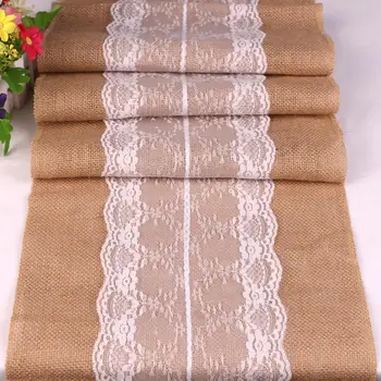 

275cm Vintage White Christmas Lace Jute Linen Hessian Burlap Country Event Party Supplies Wedding Decoration Table Cloth Runner