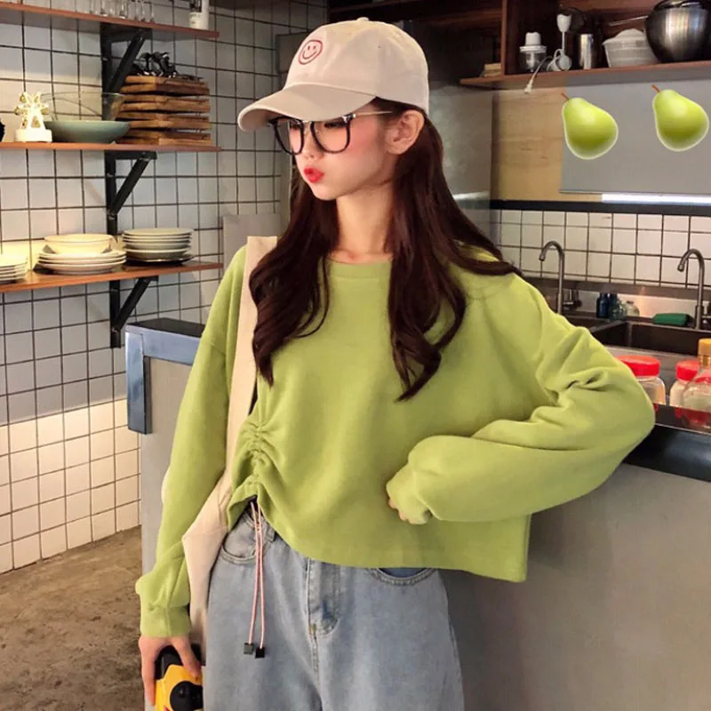 

Autumn Women's DrawString Long-sleeved Short Sweatshirts Korea Short Tops Tide BF Students Loose Solid Top WA382 Streetwear
