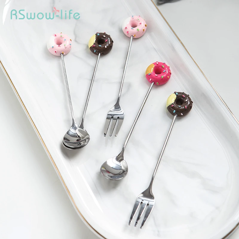 2PCS Japanese Cartoon Stirring Doughnut Stainless Steel Spoon Creative Fruit Fork Dessert Coffee Ice Cream Tableware Supplies