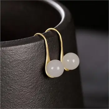 

SNew silver inlaid natural Hetian jade round bead earrings Chinese retro temperament fresh and cold wind women's brand jewelry