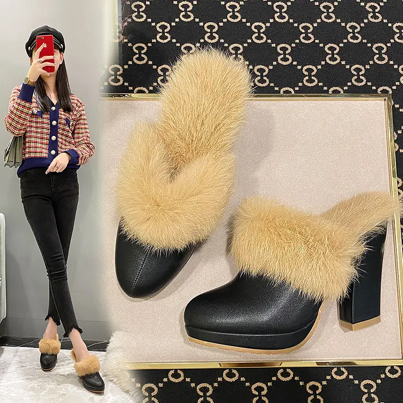 

Hairy half-dragging shoes women's 2020 new rabbit hair autumn and winter outside wearing hundred pairs thick heels plush heels