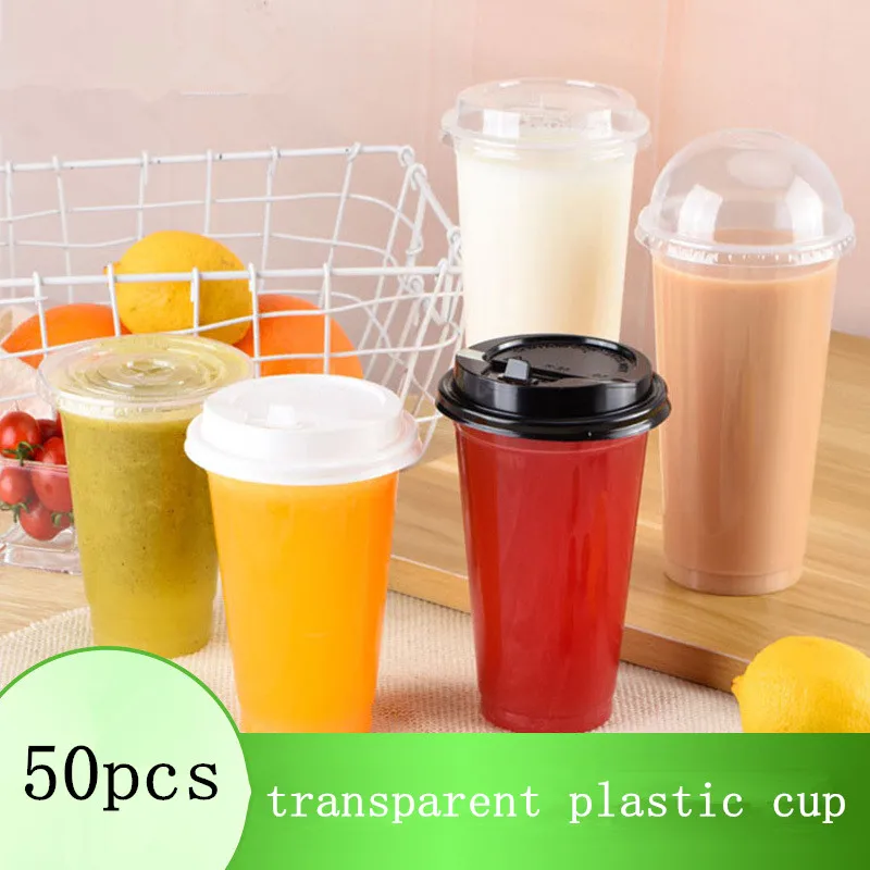

50pcs High transparent disposable plastic cups 90 caliber 360ml/400ml/500ml/600ml/700ml coffee milk tea soy drink cup with lid
