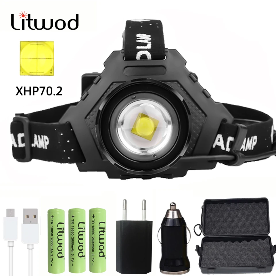 Litwod XHP70.2 Led headlamp Headlight the most powerful 32W head lamp zoom power bank 7800mAh 18650 battery | Освещение