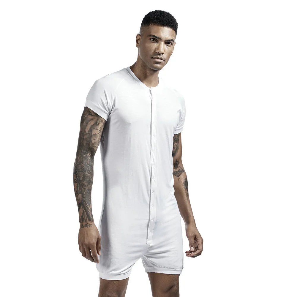 2021 New Short Sleeve Jumpsuits Playsuits for Men Fashion Leisure Home Conjoined Pajamas Sleep Bottom Buttoned Up Homewear Male mens sleepwear set