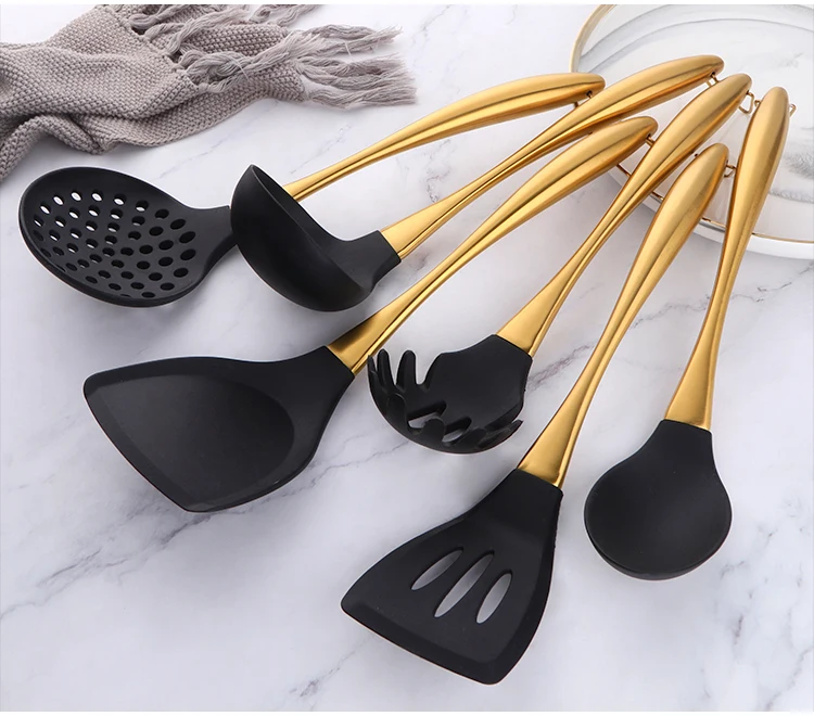 Black and Gold Kitchen Utensils Set 6pc Black Silicone Utensils Set Includes: Gold Tongs, Gold Whisk, Gold Serving Spoon, Gold Spatula & Turner-Black