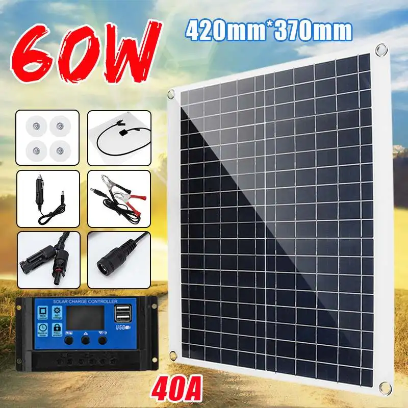 

60W solar panel 12V/5V Sun Power Double USB+40A Solar Panel Regulator Controller ect for car yacht RV Lights Charge outdoor