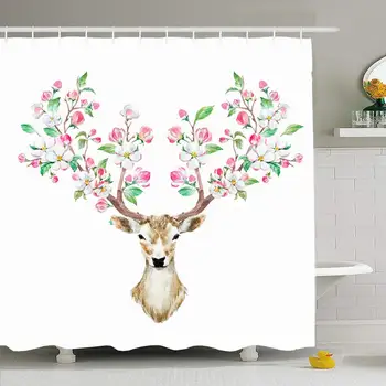 

Shower Curtain Set with Hooks 72x78 Flower Watercolor Isolated White Young Beauty Deer Big Plant Holiday Forest Antlers Nature