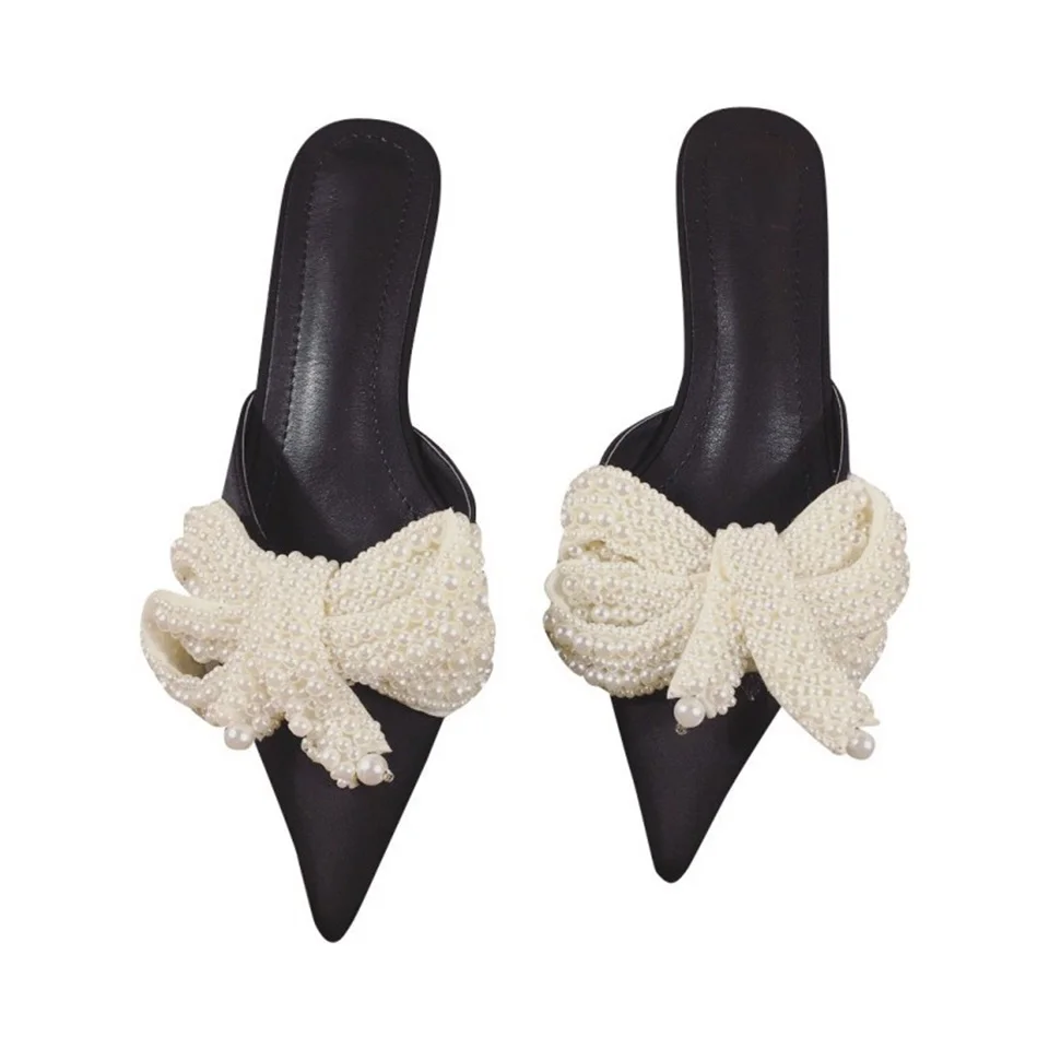 

Women's Slippers Fine Pearl Bow Decoration Pointed Tips Flat 2019 Summer Autumn Fashion Slippers Red White Women Shoes