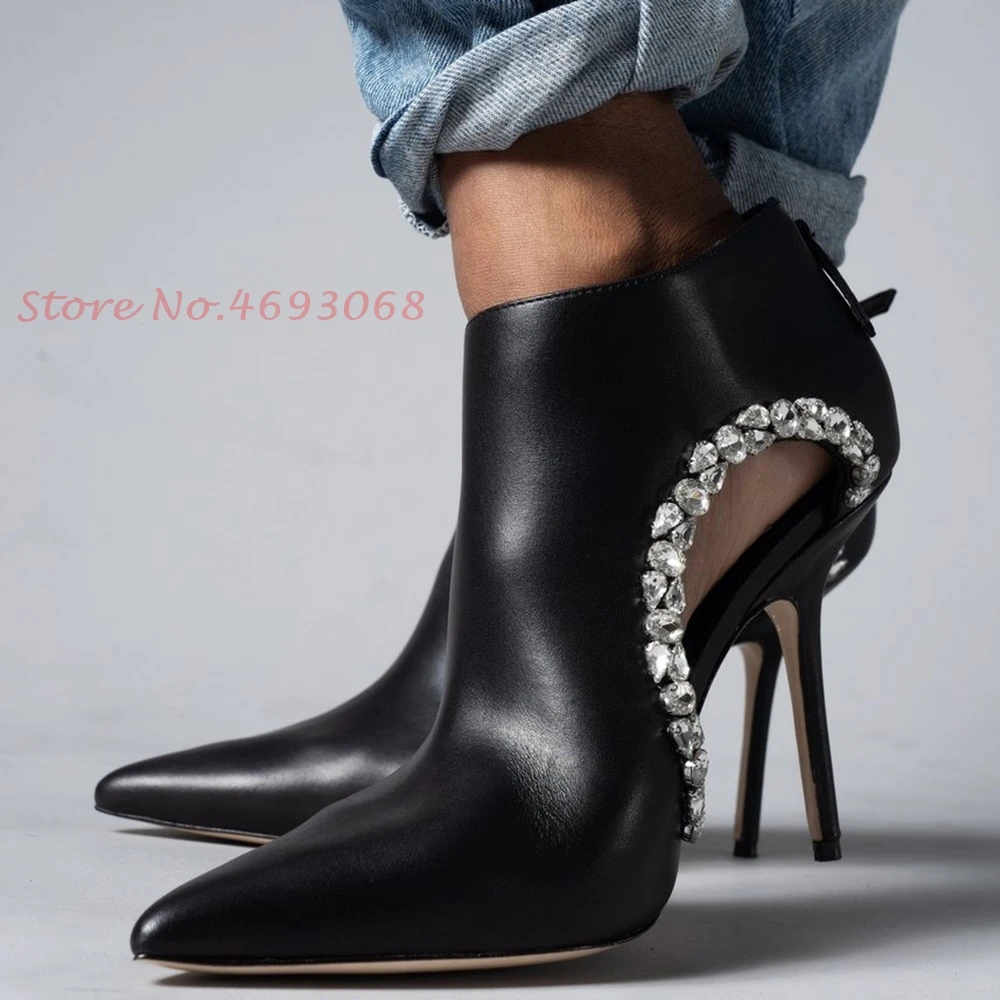 Botines con borde de cristal hueco para mujer, Botines negros con punta puntiaguda, zapatos de tacón de estilo británico superfino, novedad de 2022|Botas hasta el tobillo| - AliExpress