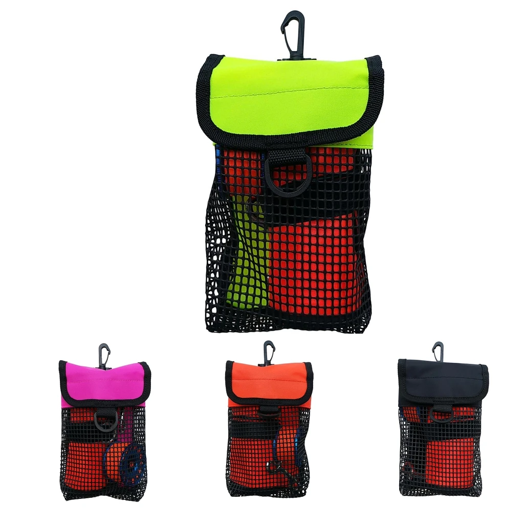 Scuba Diving Reel Bolt Snap & SMB Safety Marker Buoy Mesh Gear Bag Equipment Holder Carry Pouch - Choice of Colors