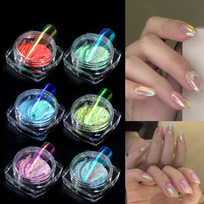 6 Colors Chameleon Ice Transparent Pearly Nail Glitter Mirror Powder Holographic Pigment Nail Art Decorations Dust 0.2g