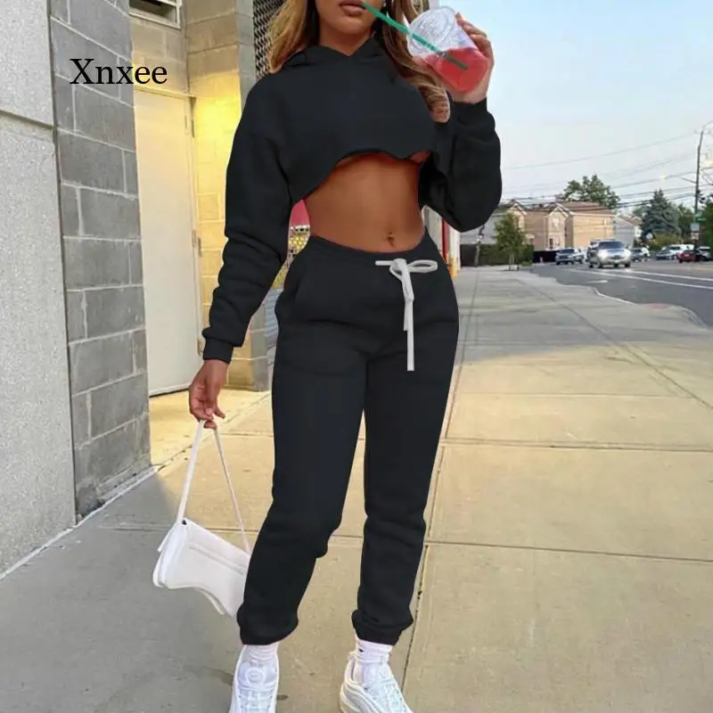 

Autumn and Winter Women's Solid Color Sweater Hoodie Sweatshirt Cropped Top Sweatpants Suit Leisure Two-Piece Sports Suit