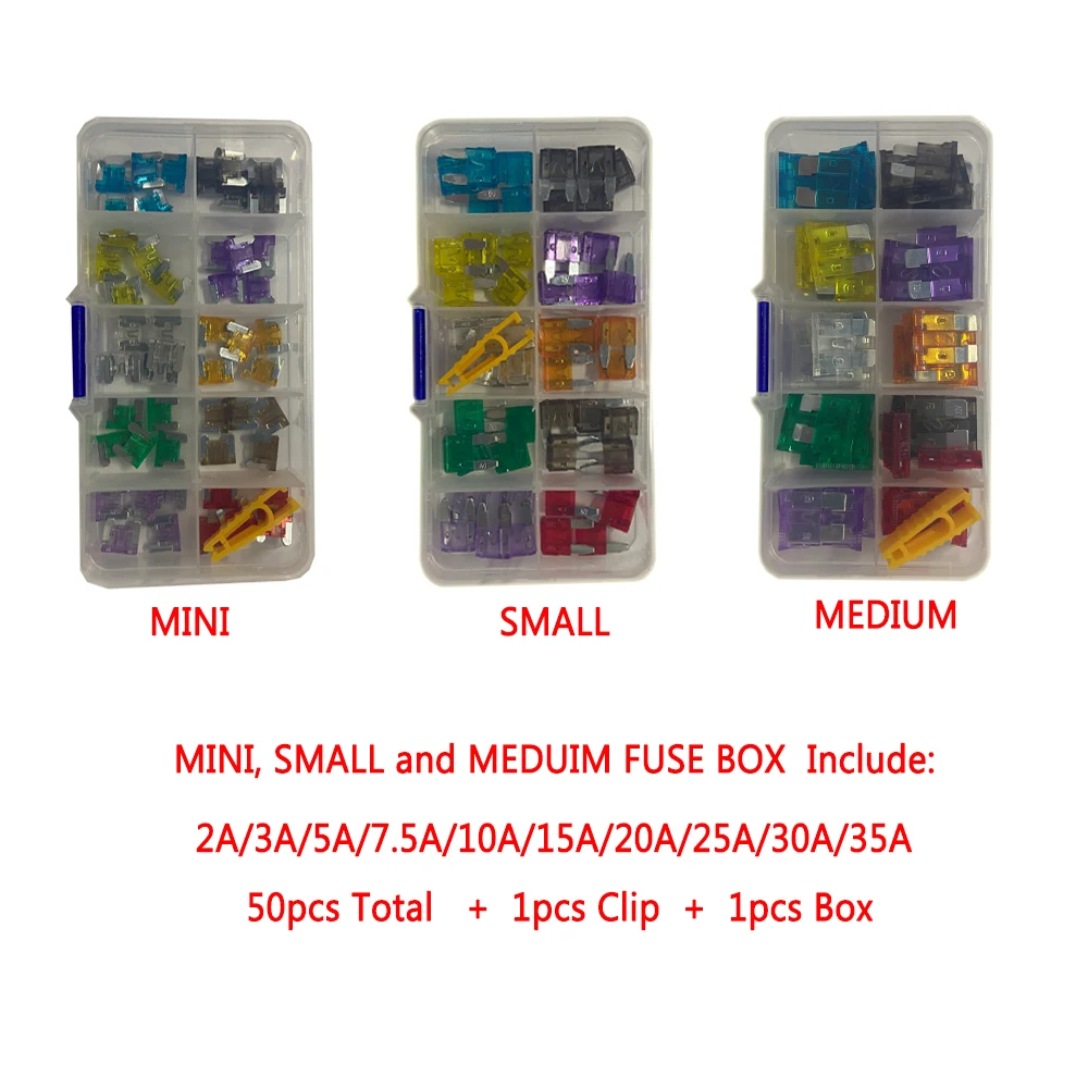 Car Fuses Kit Combination Car Fuse 50/100PCS Assortment Set for Auto Blade Type Cars Fuses 2/3/5/7.5/10/15/20/25/30/35A with Box and Clip car fuses kit