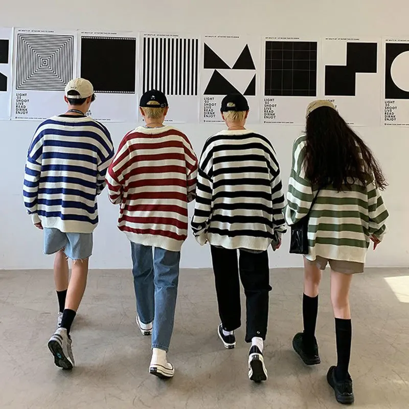 Liketkit 2020 Spring New Sweater Men Korean Couple Striped Embroidery O Neck Oversize Pullovers Male Loose 4