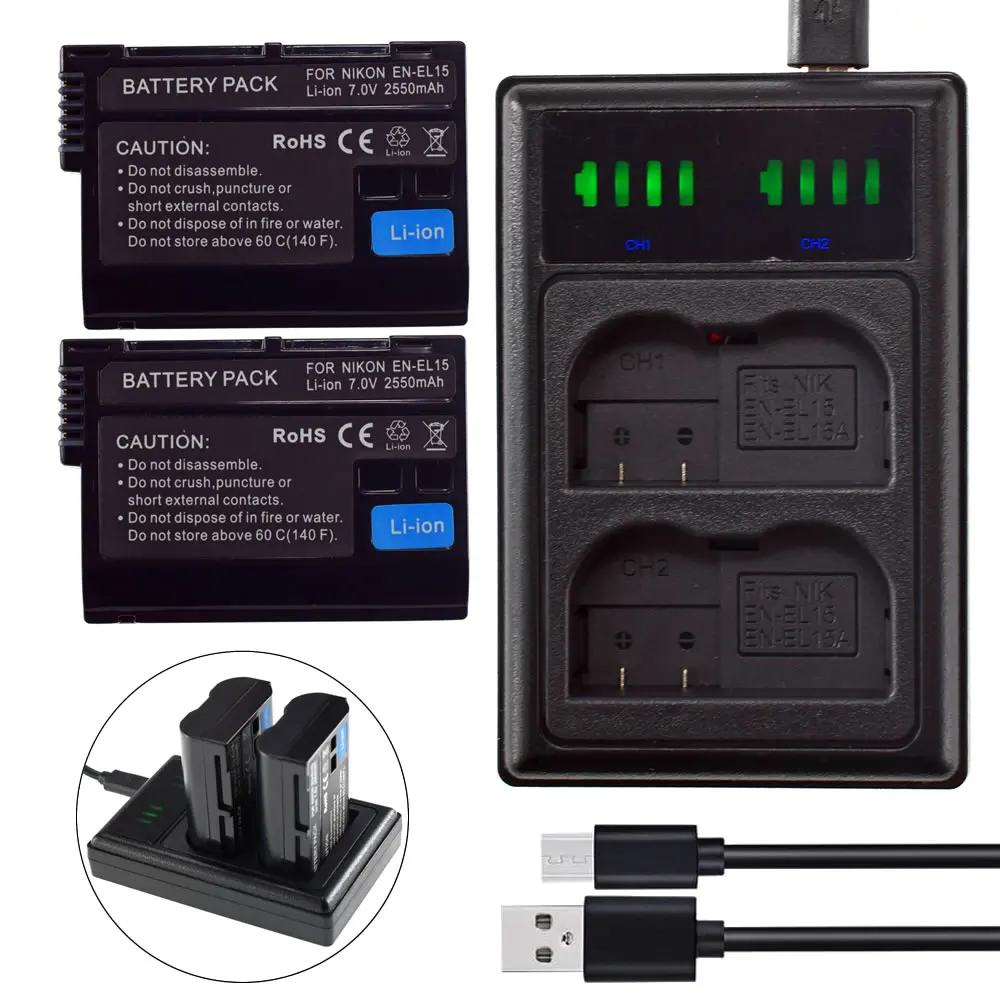 EN-EL15b Rechargeable Lithium Ion Battery Pack EN-EL15a Smart Slim USB Battery Charger for Nikon EN-EL15 EN-EL15b Rechargeable Lithium Ion Battery Pack EN-EL15a Smart Slim USB Battery Charger for Nikon EN-EL15