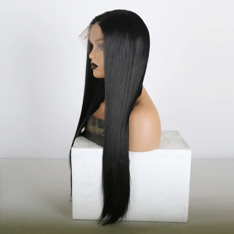 RONGDUOYI длинные черные волосы, завязанные вручную, парики для женщин, 13X6, синтетический парик на кружеве, боковая часть, шелковистый прямой передний парик на шнурке