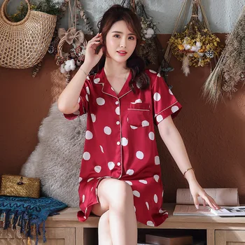 

Polka Dot Printed Pajamas Summer Satin Chiffon Female Short Sleeve Emulation Silk Sexy Ladies Pajamas Sleep Wear Clothes Women