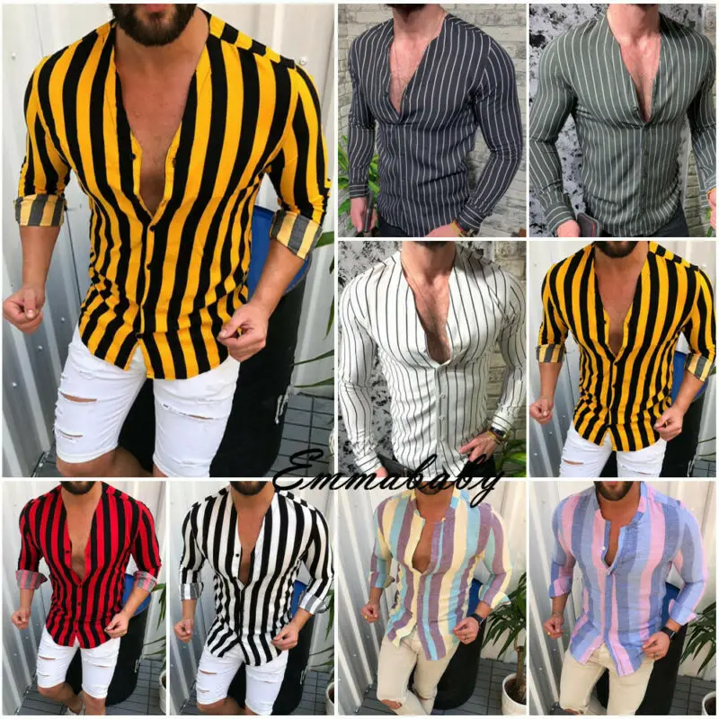 Men's Long Sleeve Shirt Summer Cool Slim Casual V Neck Shirts Tops M 3XL Male Top Shirts Striped