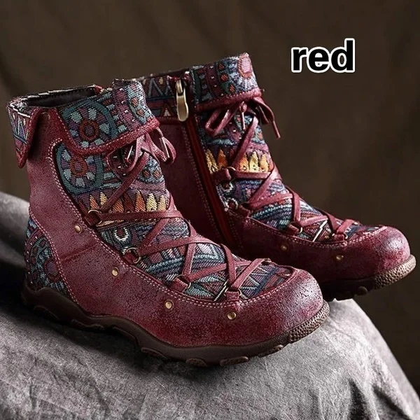 Женские ботинки; Новые ботильоны; женские кожаные ботинки в богемном стиле; женская обувь; осенне-зимние ботинки на шнуровке; Botas Mujer; большой размер 43 - Цвет: Красный