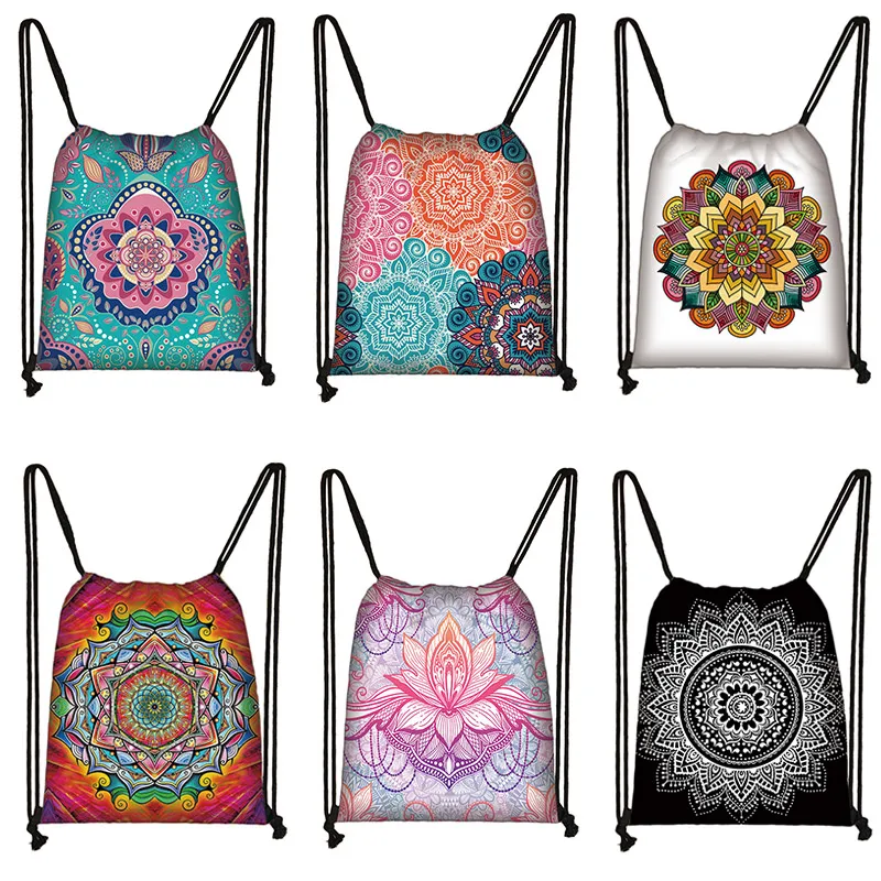 Bolsa con cordón de impresión Floral para mujer, mochila con estampado de Mandala, bolsa de almacenamiento plegable portátil para la compra de viaje