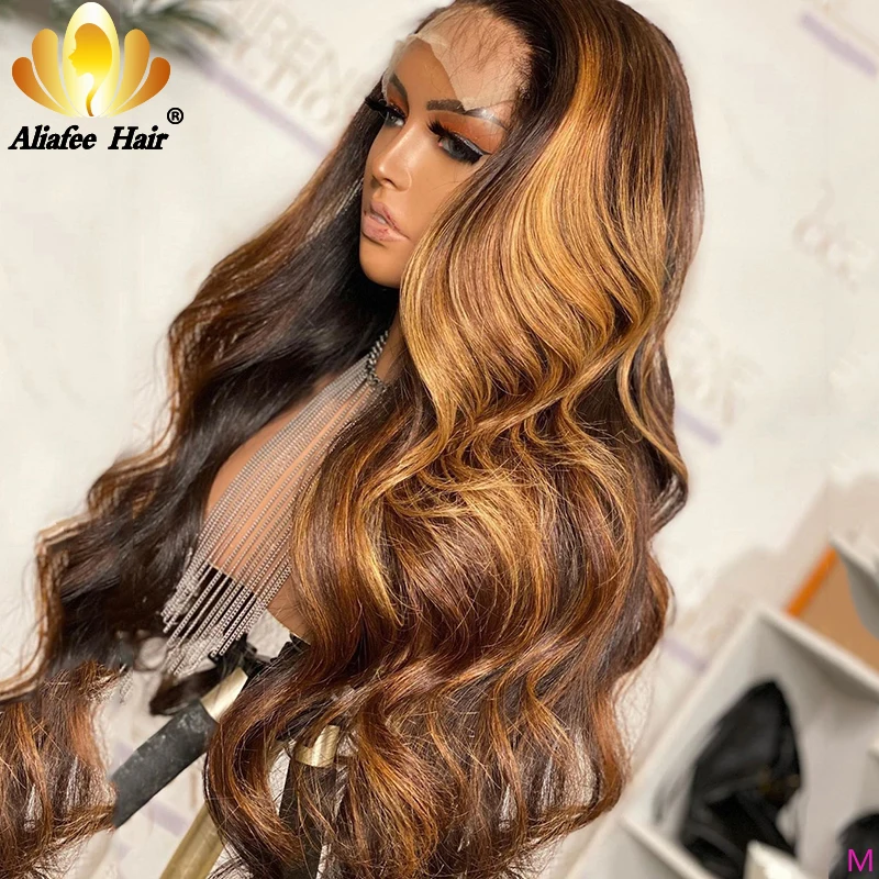 Highlight Wig Ombre Color Brown Honey Blonde Body Wave Lace Closure 4x4 Malaysian Human Hair Wigs 150% Density For Women | Шиньоны и
