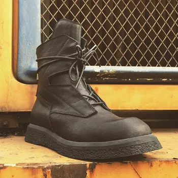 

New Vintage Autumn Winter Warm Thick Bottom Mid Calf Fashion Lace Round Toe Male Casual Cowhide High Top Platform Boots