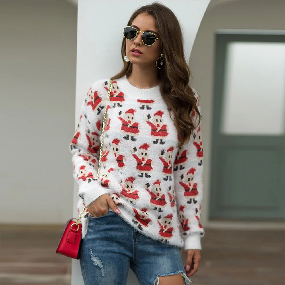 Женский новогодний свитер со снеговиком пуловер с круглым вырезом и длинным