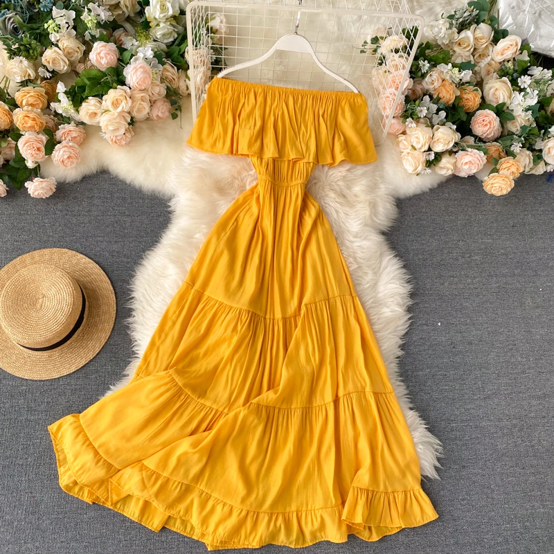 SINGRAIN Women Summer Off Shoulder Maxi Dress Solid Ruffles Dress Elegant Romantic A-Line Dress Korean Sexy Slash Neck Long Robe